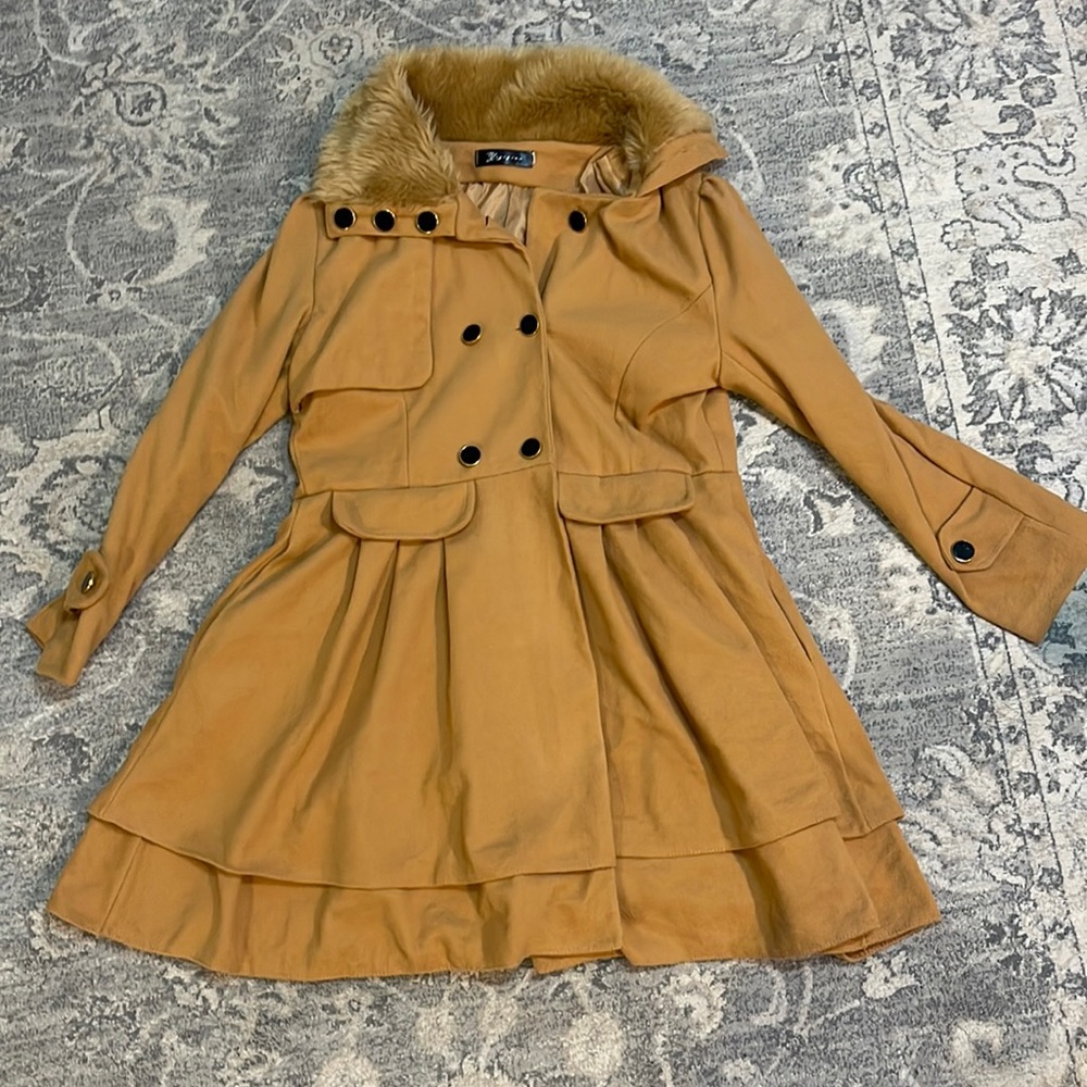 Mustard petite coat with fur trim